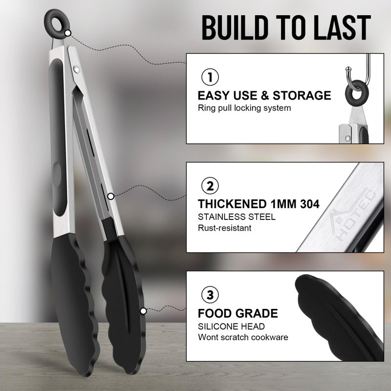 HOTEC Premium Stainless Steel Locking Kitchen Tongs with Silicon Tips, Heat Resistant Cooking Tongs Set of 3-7", 9" and 12" (Black) - Image 4